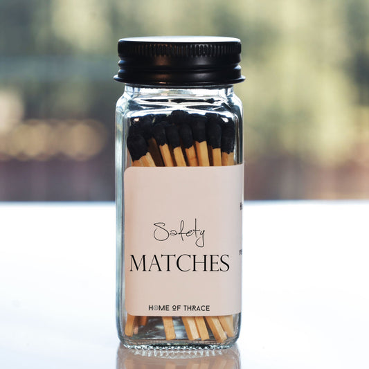 Luxury Glass Jar Safety Matches - 3” Black Tip Matches with Striker | Home of Thrace