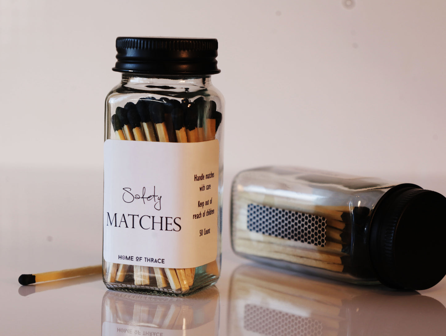 Luxury Glass Jar Safety Matches - 3” Black Tip Matches with Striker | Home of Thrace