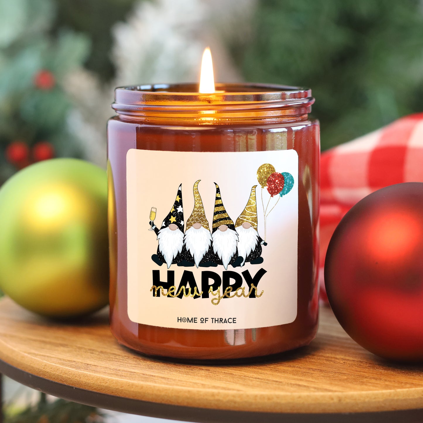 Happy New Year With Gnomies Candle Noel Celebration Gift Idea